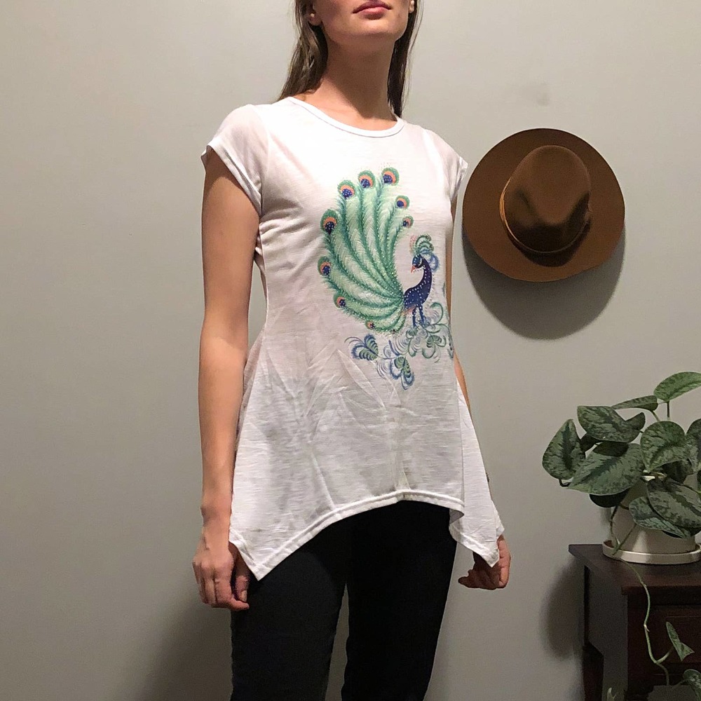 Peacock Sparkle Print T Shirt with Handkerchief Shape